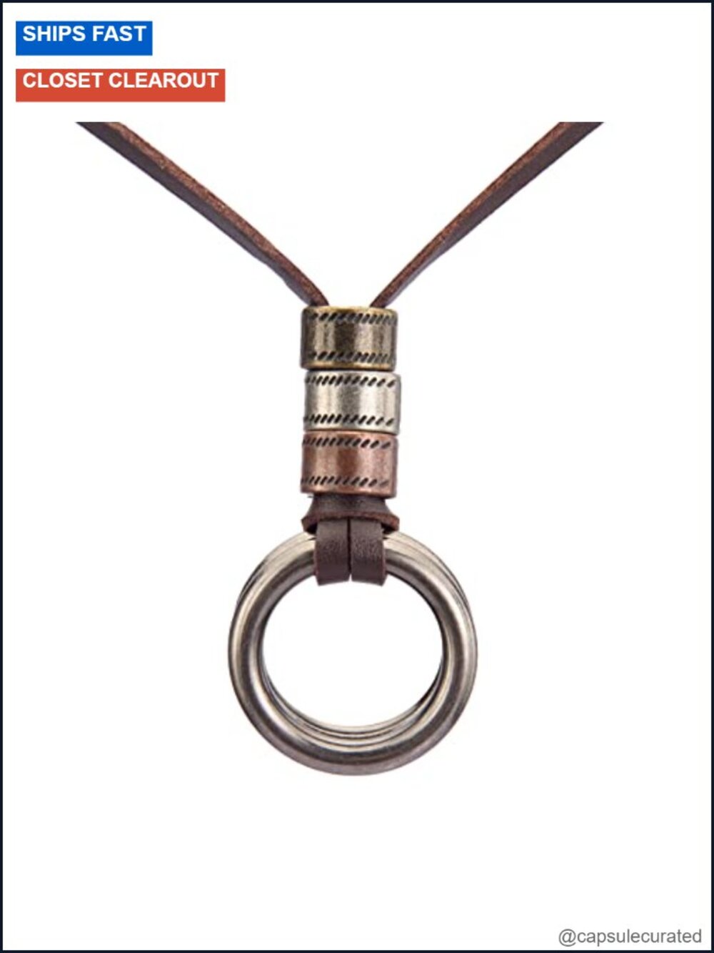 Bronze Color Multiple Ring Pendant Necklace Boho Style Long Leather Rope